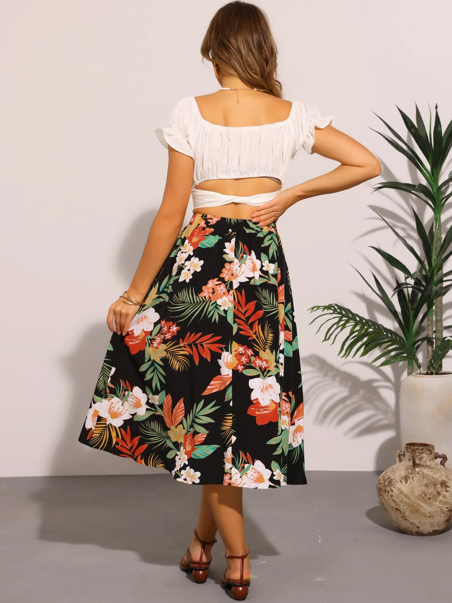 Floral Tropical Pocketed Elastic Waist Flowy Midi Skirt sold by Allegra K product image thumbnail 3