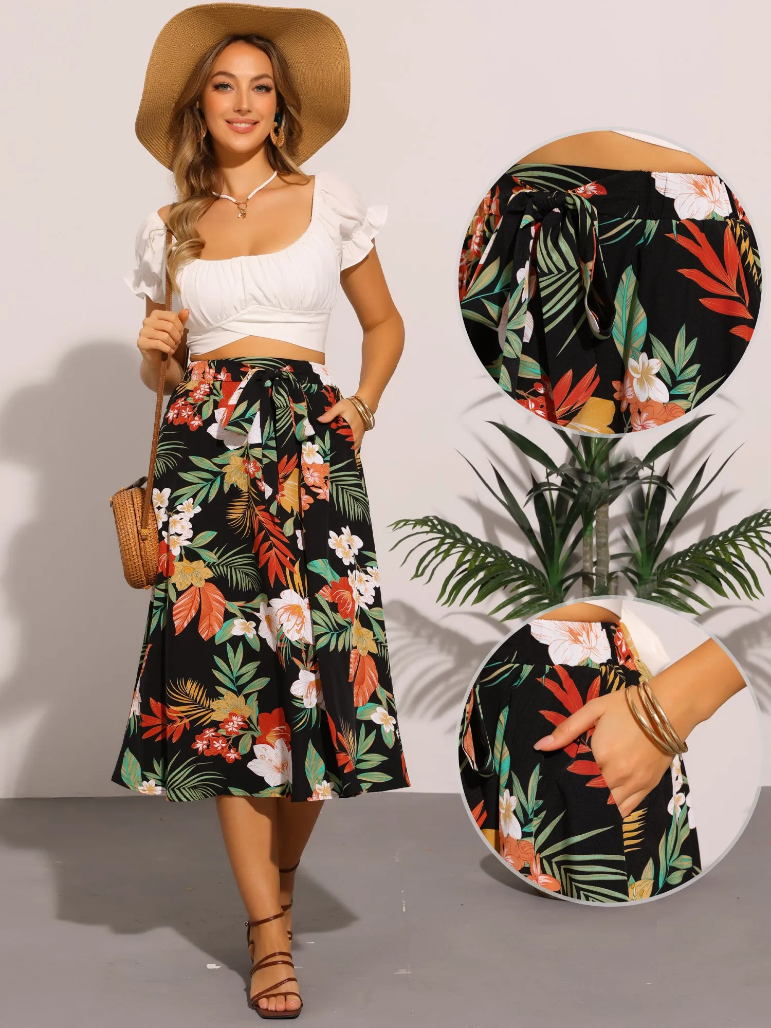 Floral Tropical Pocketed Elastic Waist Flowy Midi Skirt sold by Allegra K product image thumbnail 2
