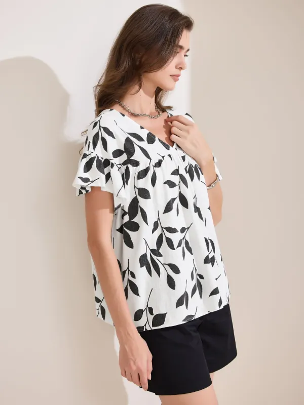 Floral Short Sleeve V Neck Ruffle Casual Blouse sold by Allegra K