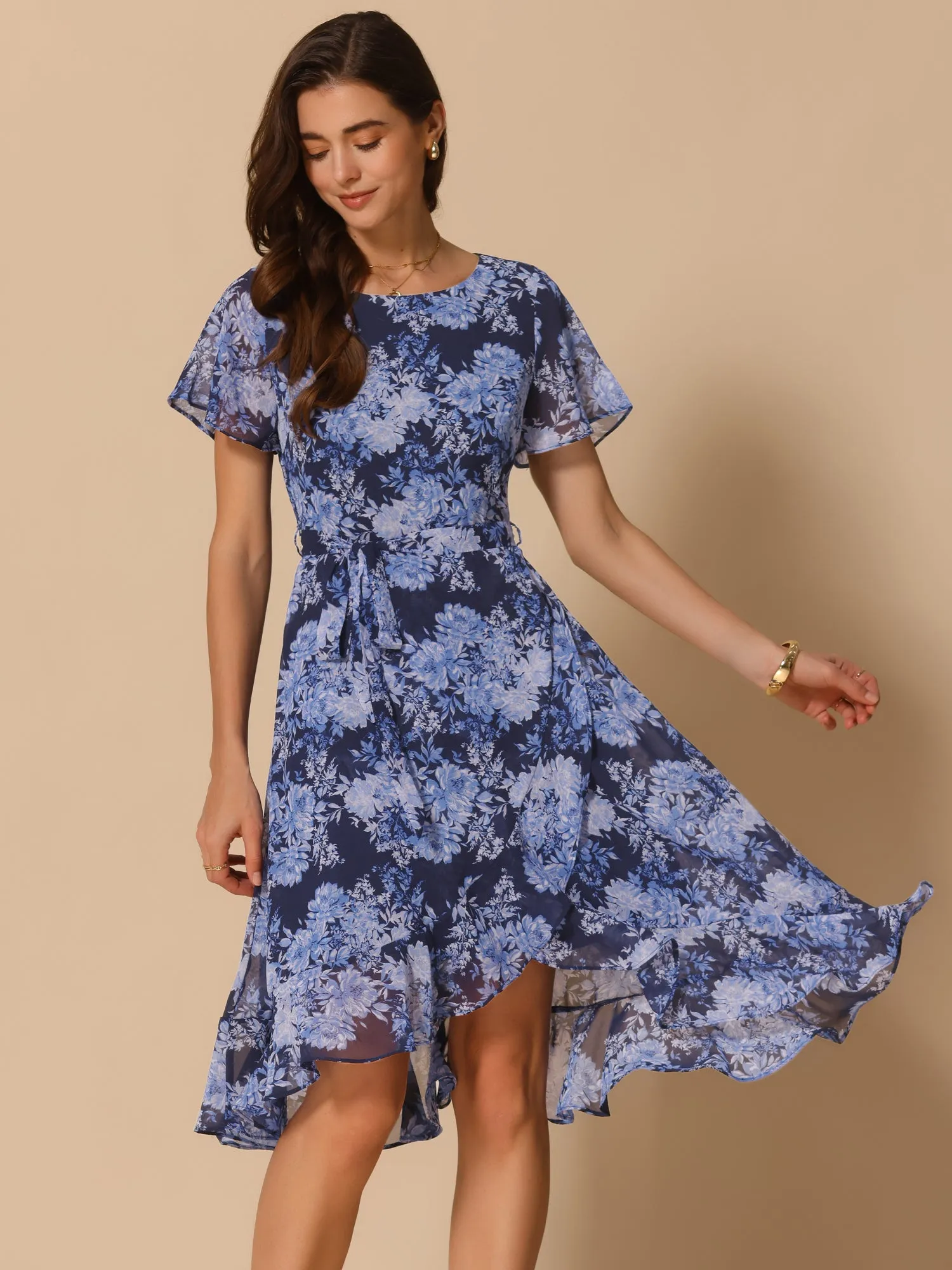 Floral Midi High Low Hem Tie Waist Flowy Chiffon Dress sold by Allegra K