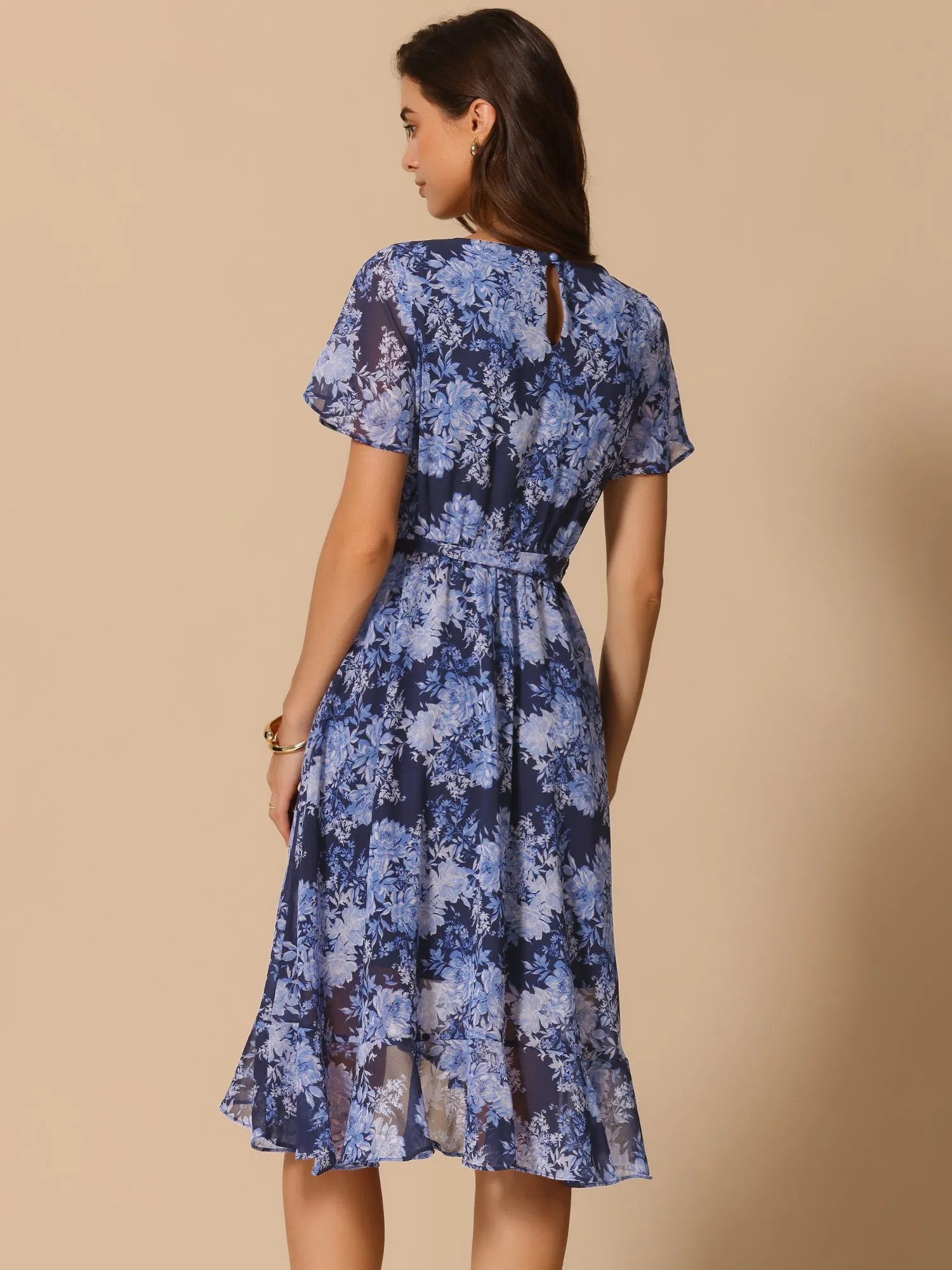 Floral Midi High Low Hem Tie Waist Flowy Chiffon Dress sold by Allegra K product image thumbnail 3