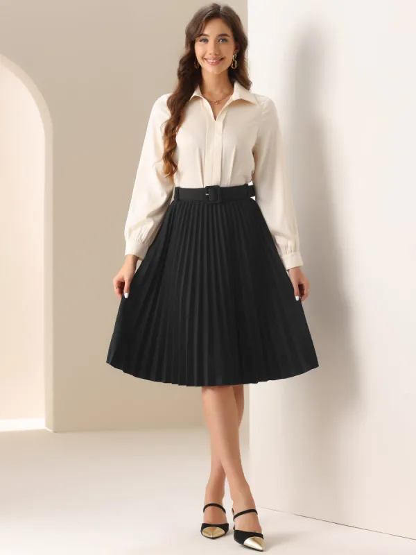 Pleated Elastic Waist Belted Work Midi Skirt sold by Allegra K
