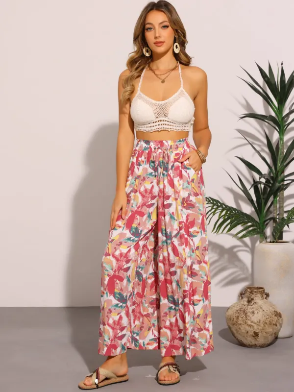 Tropical Floral Elastic Waisted Flare Wide Leg Pants sold by Allegra K