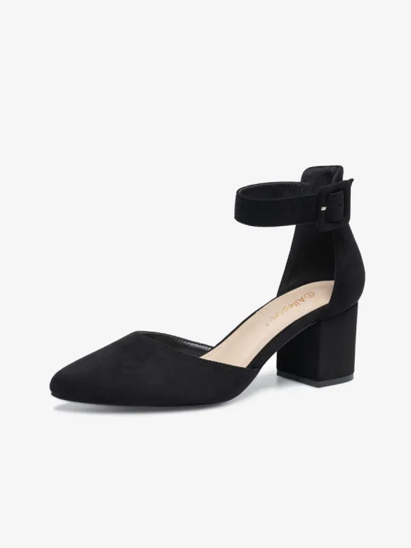 Office Chic Adjustable Ankle Strap Pointed Toe Faux Suede Block Heels Sandals sold by Allegra K