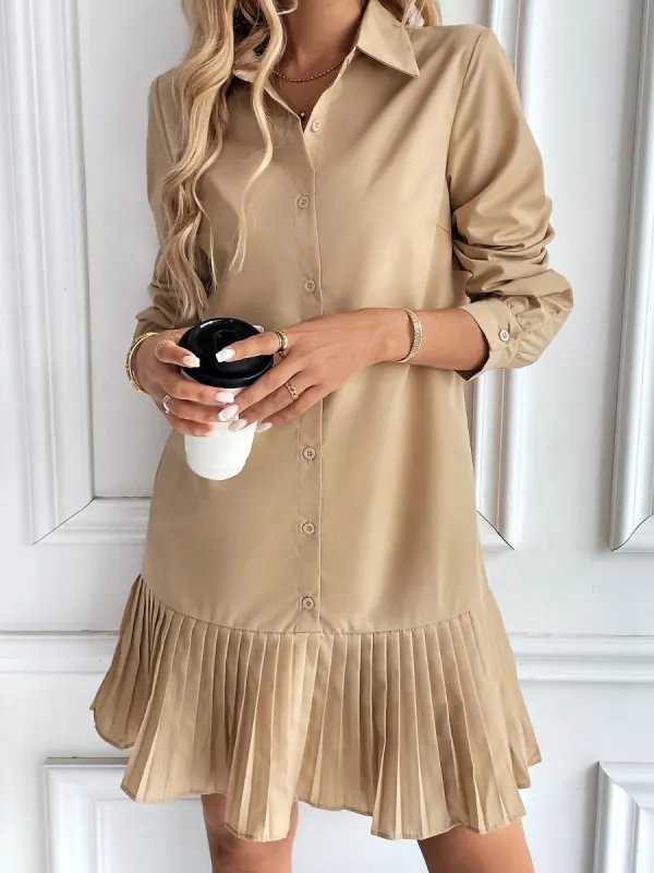 Solid Color Collared Pleated Mini Shirt Dress sold by Allegra K