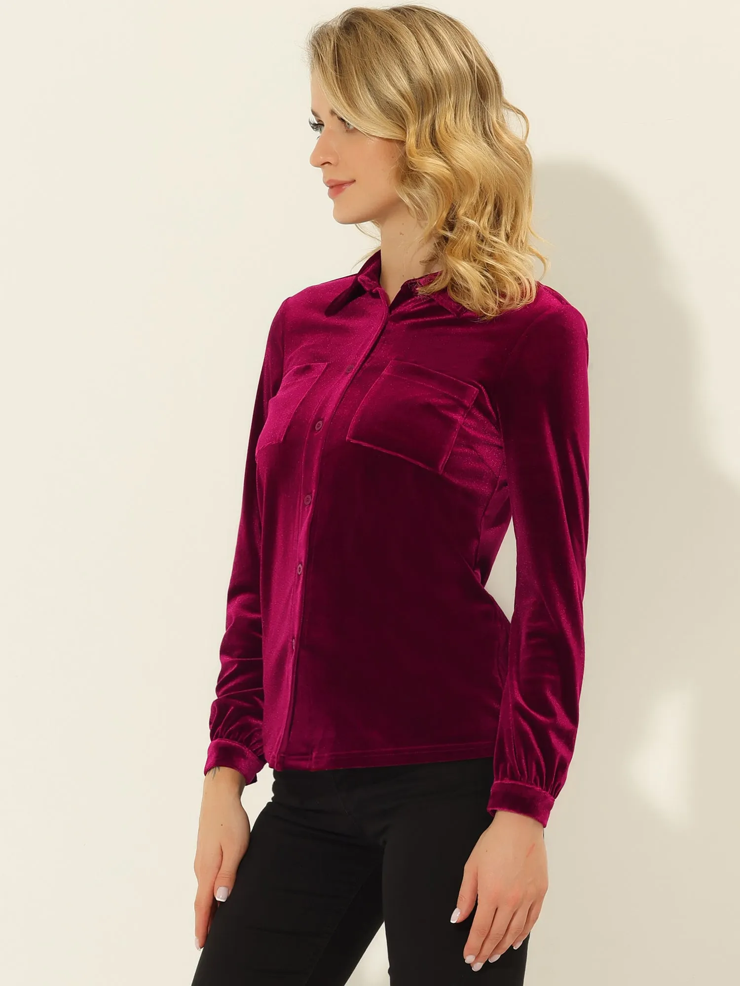 Pocket Front Velvet Blouse Long Sleeve Casual Button Down Shirt sold by Allegra K product image thumbnail 2