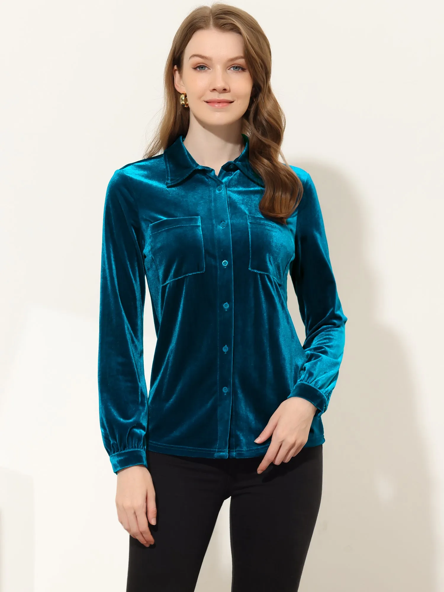 Pocket Front Velvet Blouse Long Sleeve Casual Button Down Shirt sold by Allegra K product image thumbnail 5