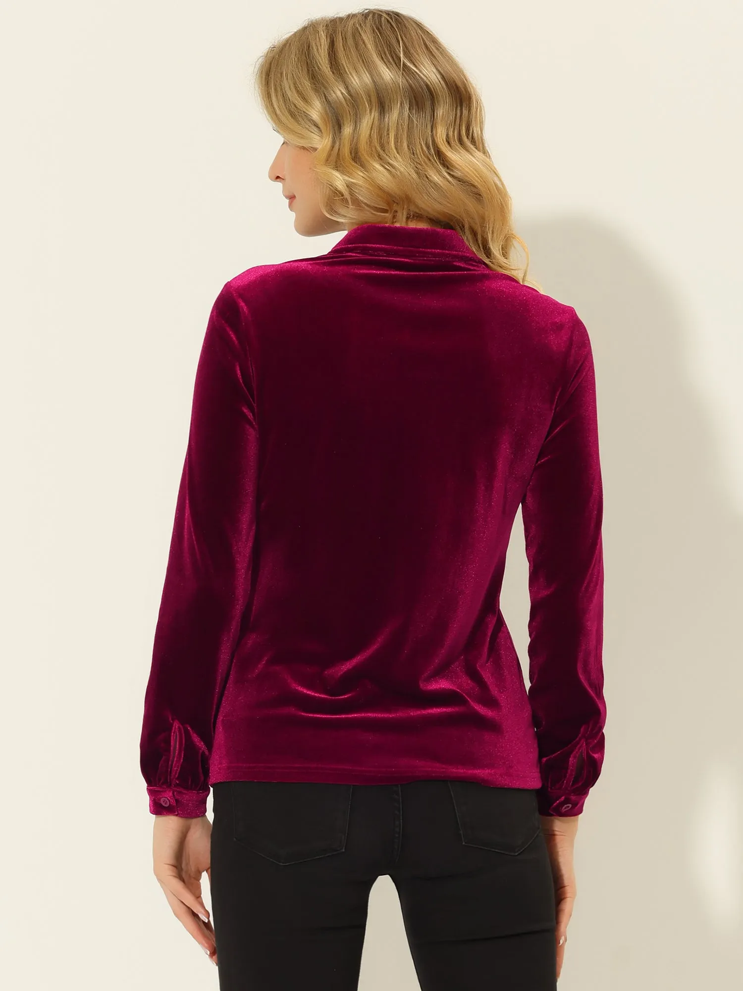 Pocket Front Velvet Blouse Long Sleeve Casual Button Down Shirt sold by Allegra K product image thumbnail 3