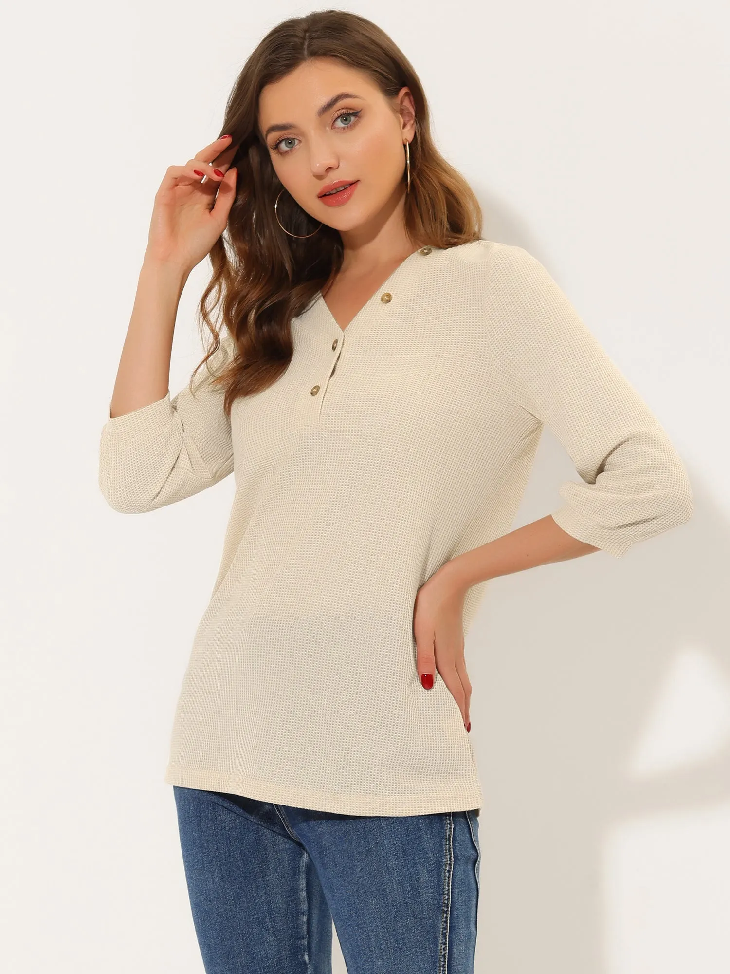 Waffle Knit Tunic Tops Button Up V Neck Henley T-shirt Shirt sold by Allegra K product image thumbnail 5