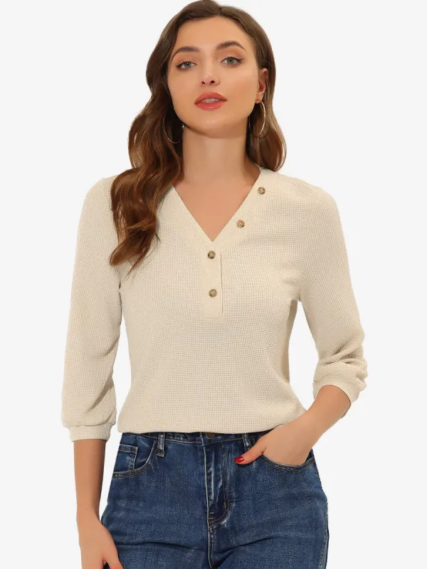 Waffle Knit Tunic Tops Button Up V Neck Henley T-shirt Shirt sold by Allegra K