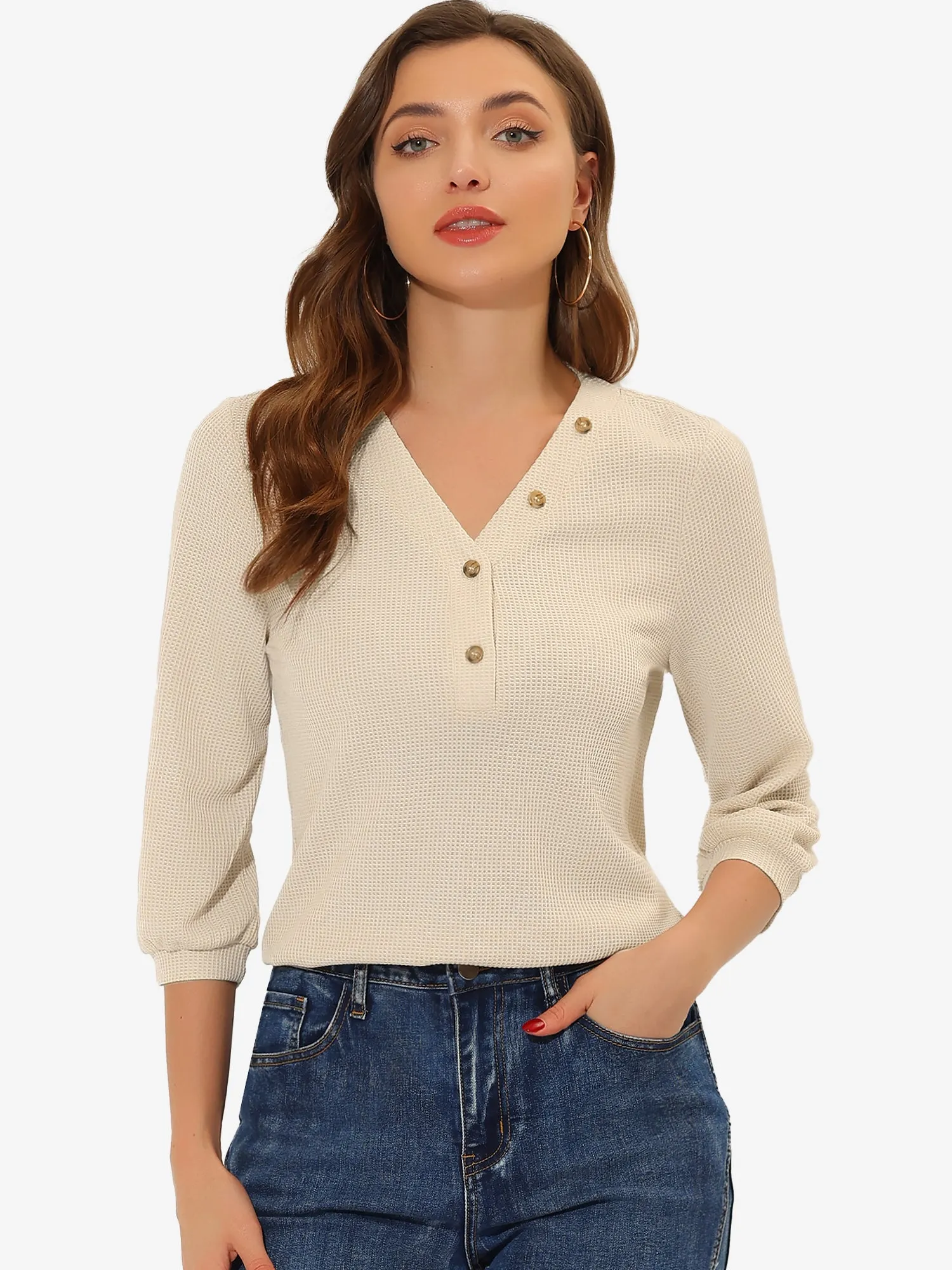 Waffle Knit Tunic Tops Button Up V Neck Henley T-shirt Shirt sold by Allegra K