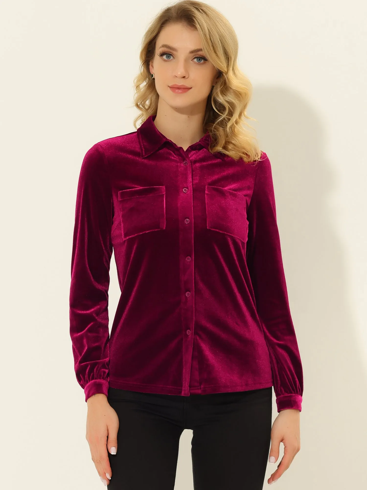 Pocket Front Velvet Blouse Long Sleeve Casual Button Down Shirt sold by Allegra K