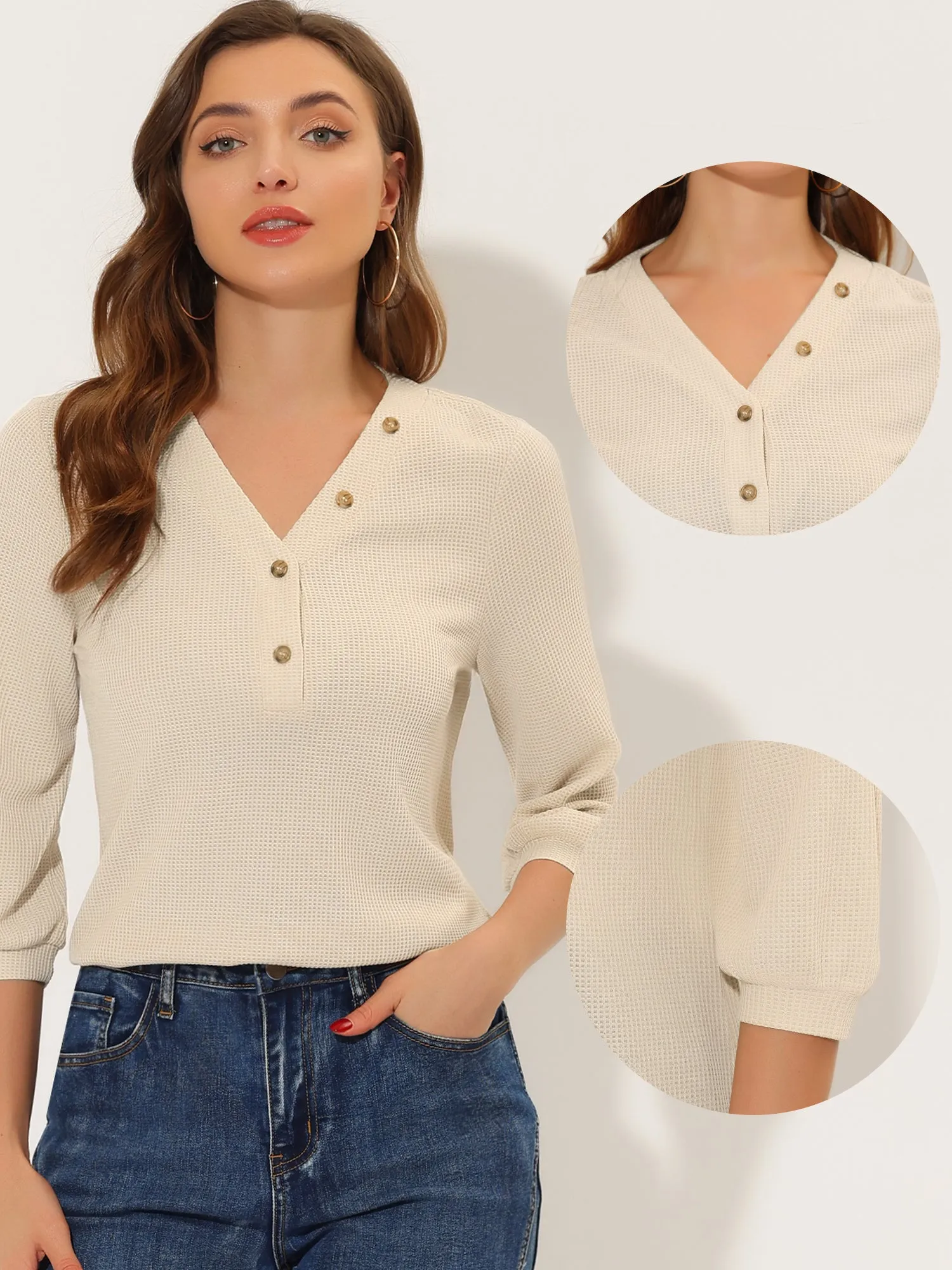 Waffle Knit Tunic Tops Button Up V Neck Henley T-shirt Shirt sold by Allegra K product image thumbnail 2