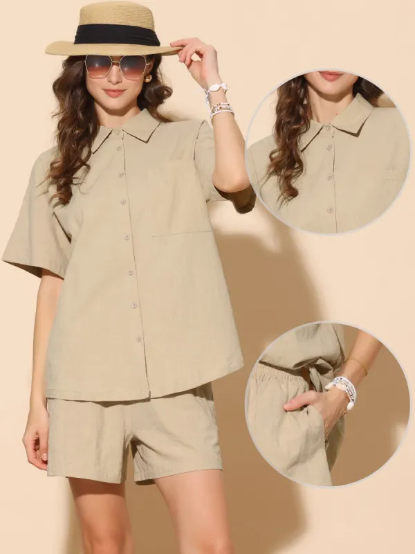 2 Pieces Cotton Short Sleeve Solid Color Shirt & Pocketed Shorts Set sold by Allegra K