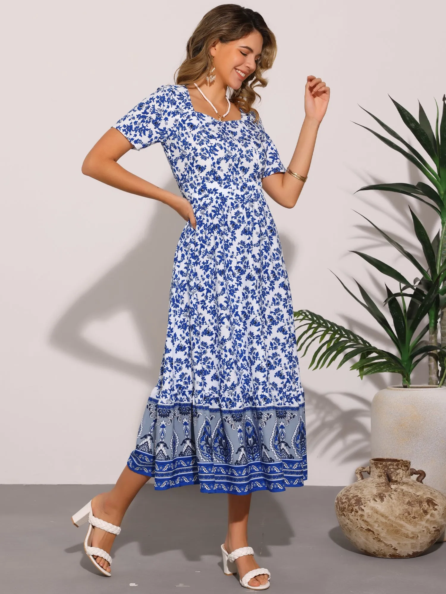 Boho Floral Print Square Neck A-Line Midi Dress sold by Allegra K product image thumbnail 3