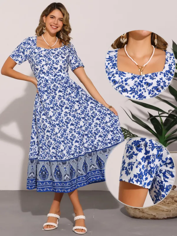 Boho Floral Print Square Neck A-Line Midi Dress sold by Allegra K