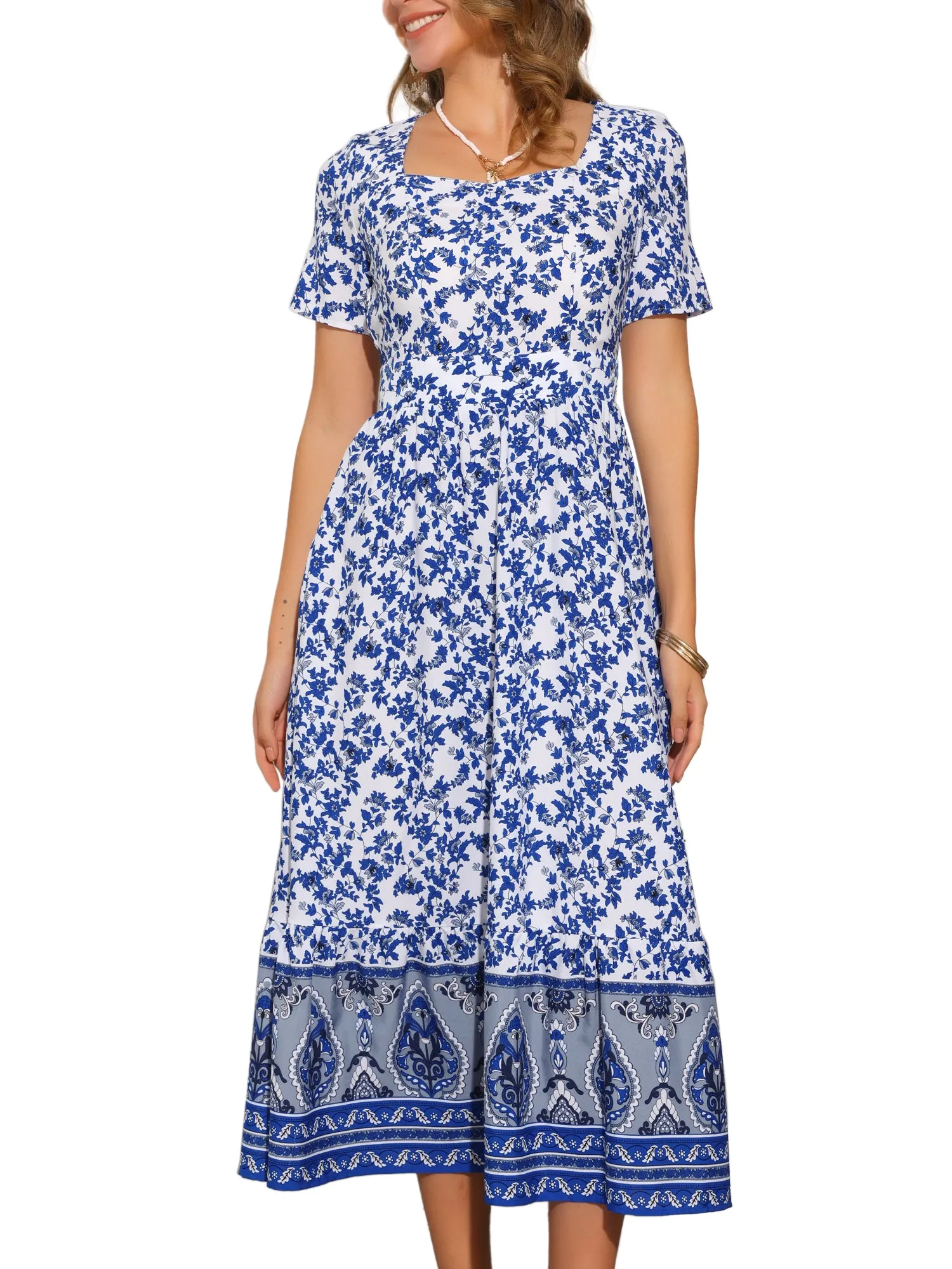 Boho Floral Print Square Neck A-Line Midi Dress sold by Allegra K product image thumbnail 5
