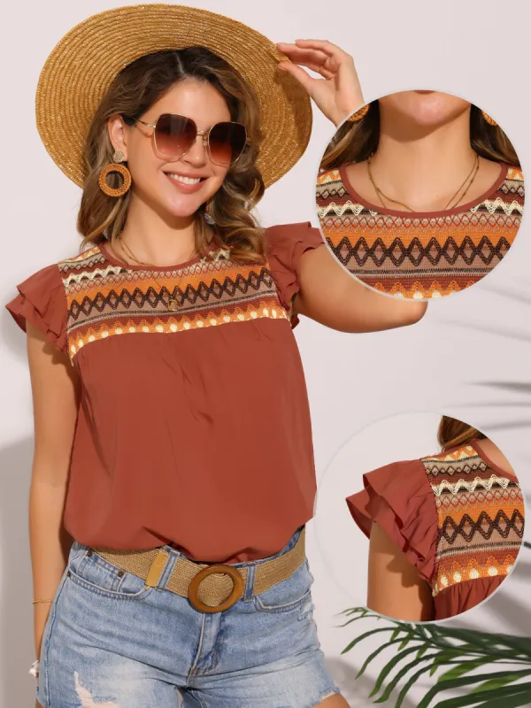 Round Neck Ruffled Cap Sleeve Boho Geometric Blouse sold by Allegra K