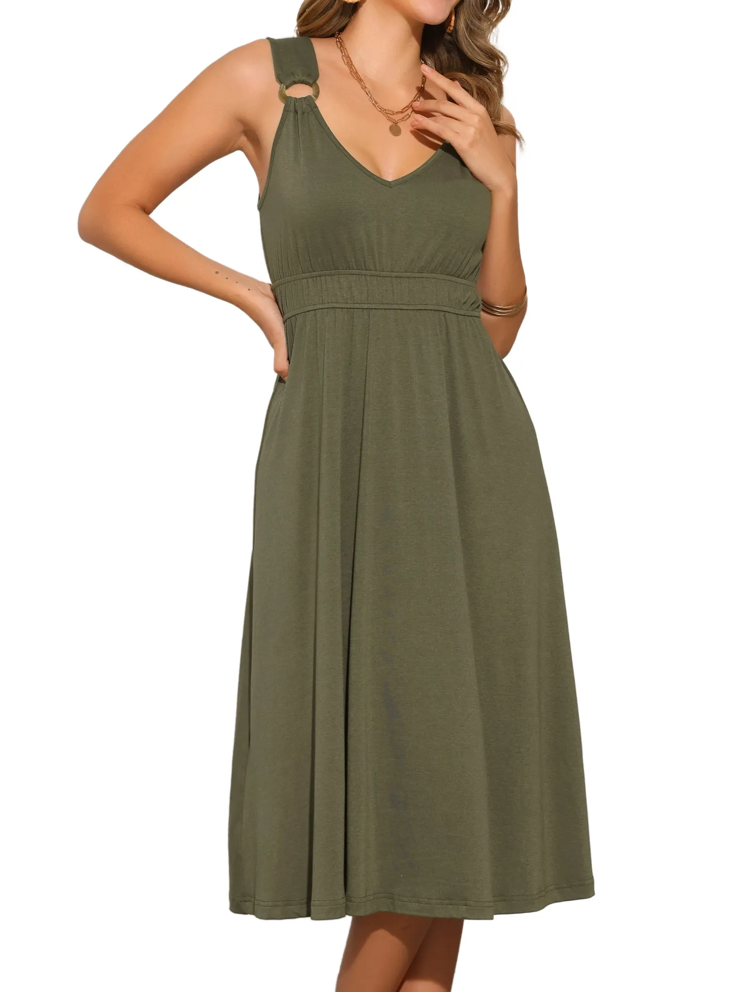V Neck Wide Strap Sleeveless A-Line Casual Midi Dress sold by Allegra K product image thumbnail 5