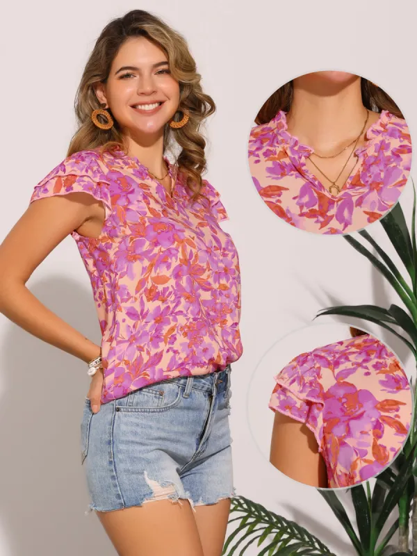 Cap Sleeve Ruffled V Neck Casual Floral Blouse sold by Allegra K