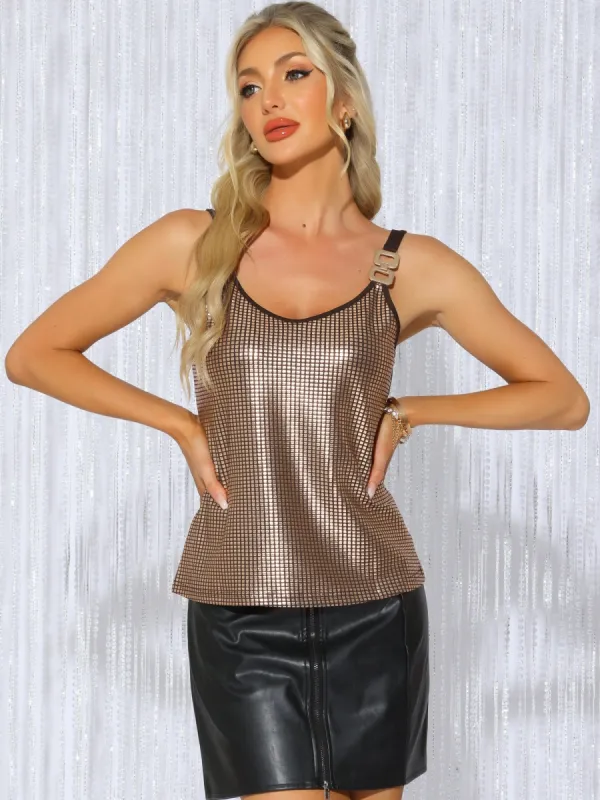 Metallic Shining Club Party Disco Sparkly Cami Top sold by Allegra K