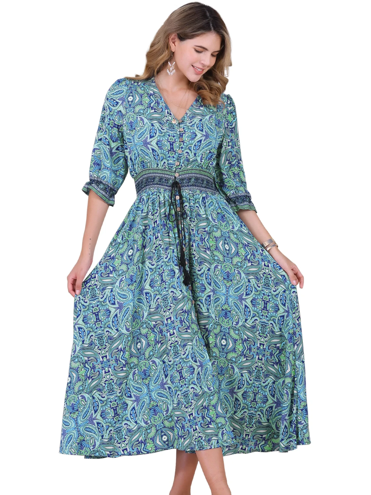Paisley Boho Smocked 3/4 Sleeves Floral Midi Dress sold by Allegra K product image thumbnail 5