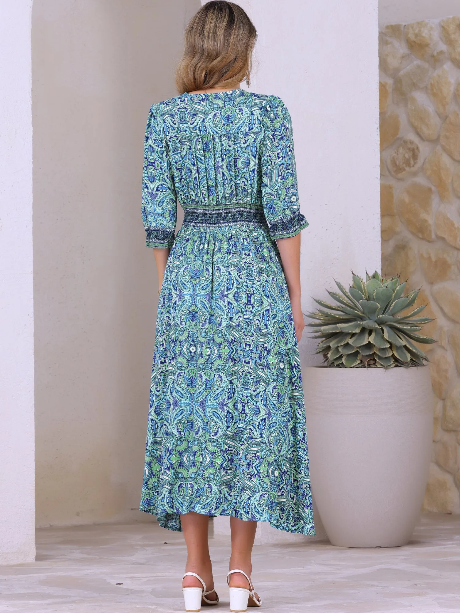Paisley Boho Smocked 3/4 Sleeves Floral Midi Dress sold by Allegra K product image thumbnail 3