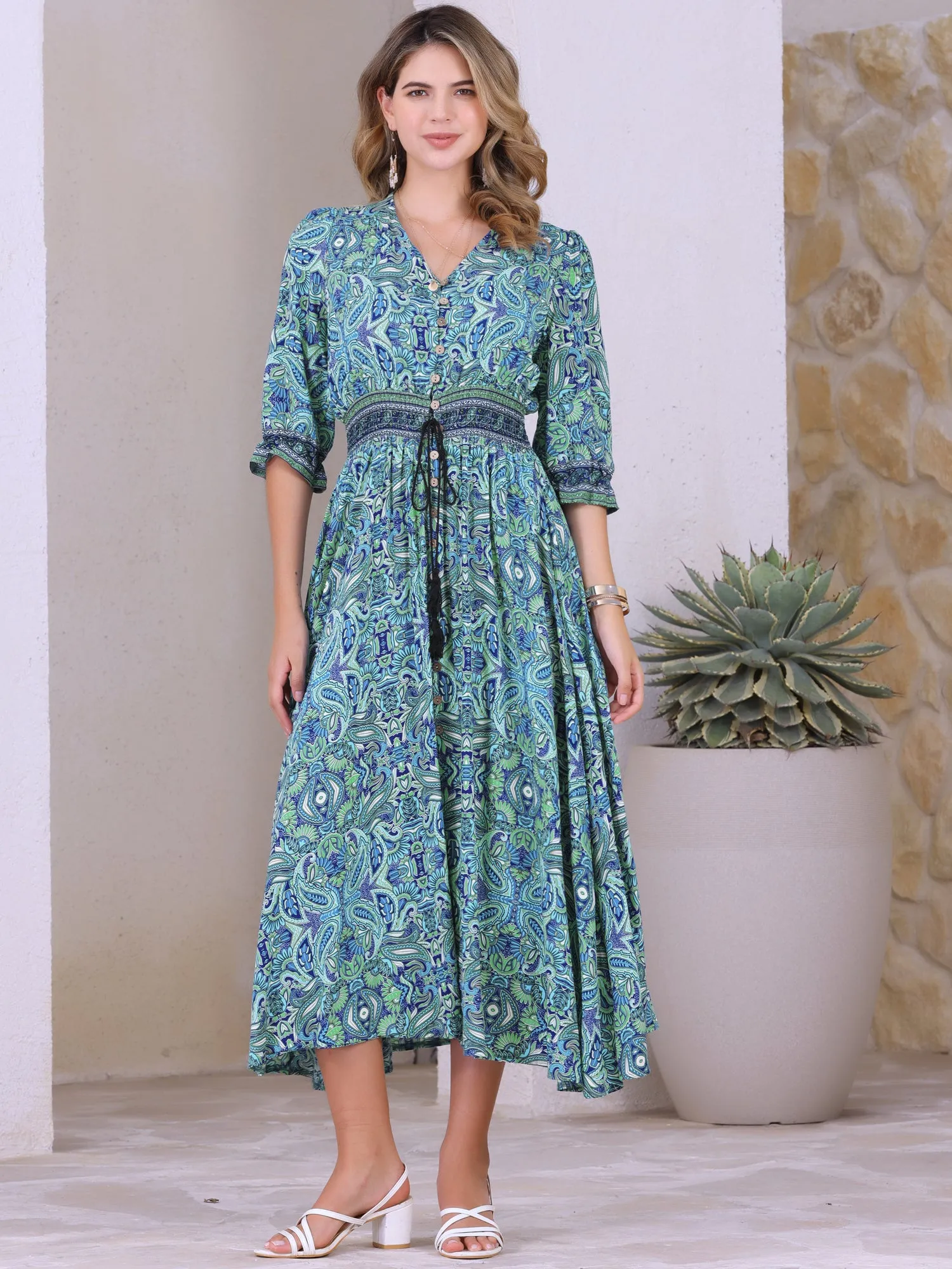 Paisley Boho Smocked 3/4 Sleeves Floral Midi Dress sold by Allegra K product image thumbnail 2