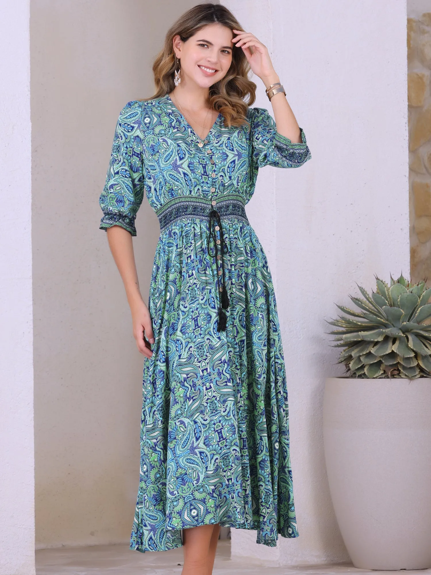 Paisley Boho Smocked 3/4 Sleeves Floral Midi Dress sold by Allegra K