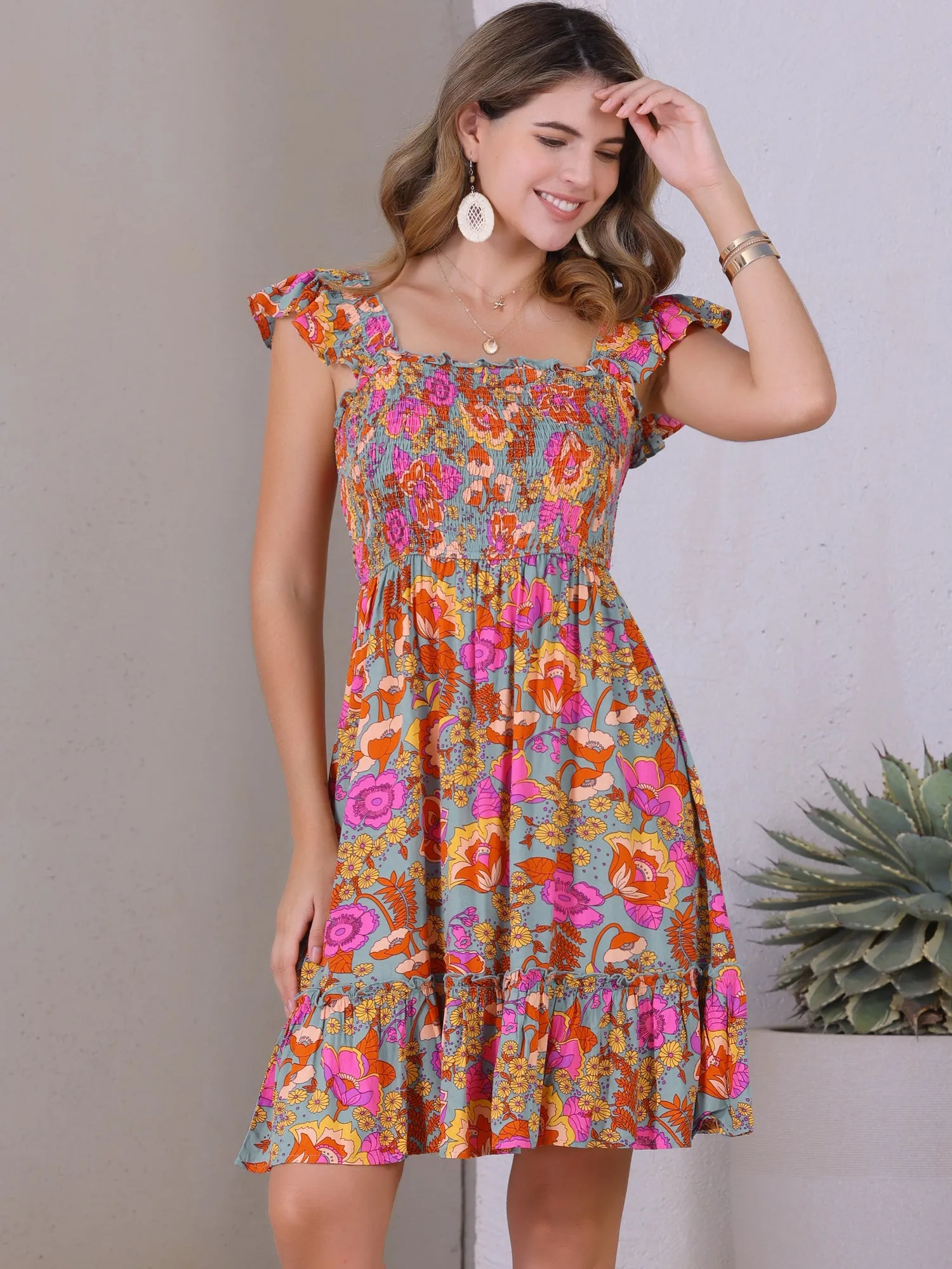 Smocked Square Neck Ruffle Floral Midi Dress sold by Allegra K