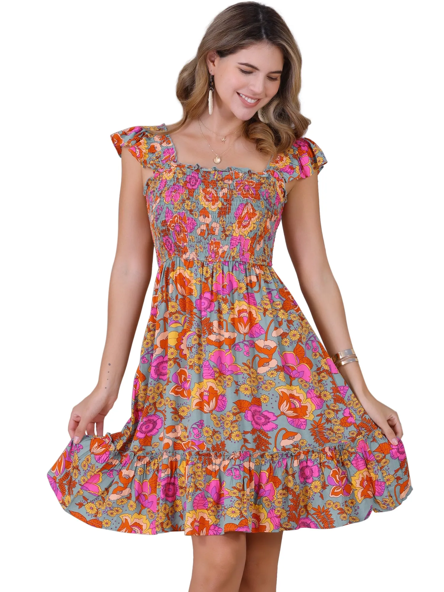 Smocked Square Neck Ruffle Floral Midi Dress sold by Allegra K product image thumbnail 5