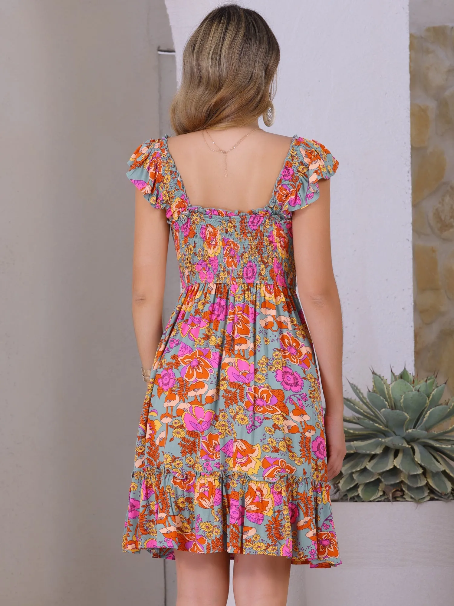 Smocked Square Neck Ruffle Floral Midi Dress sold by Allegra K product image thumbnail 3