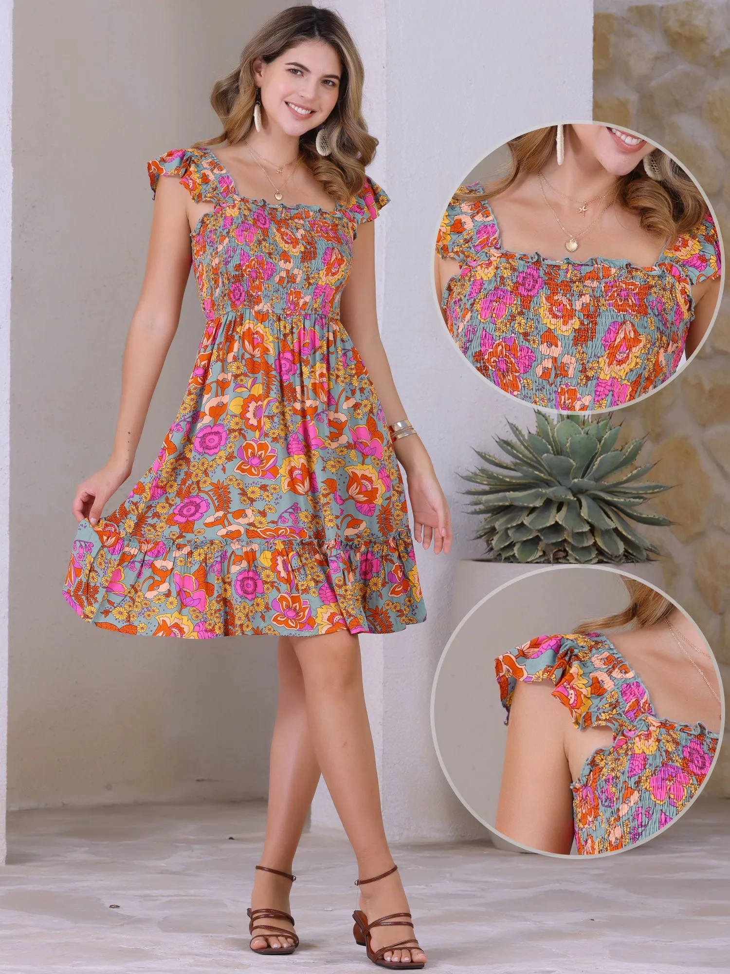 Smocked Square Neck Ruffle Floral Midi Dress sold by Allegra K product image thumbnail 2