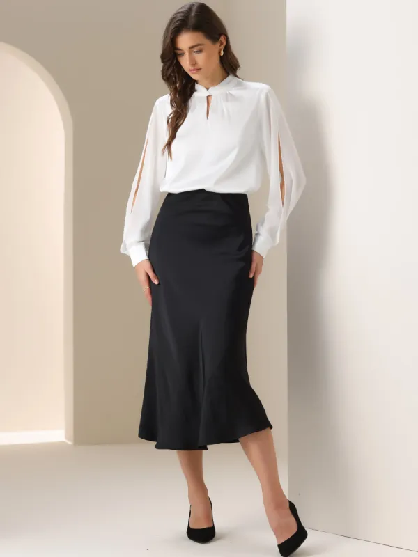 Satin Twist Keyhole Neck Slit Long Sleeve Blouse sold by Allegra K