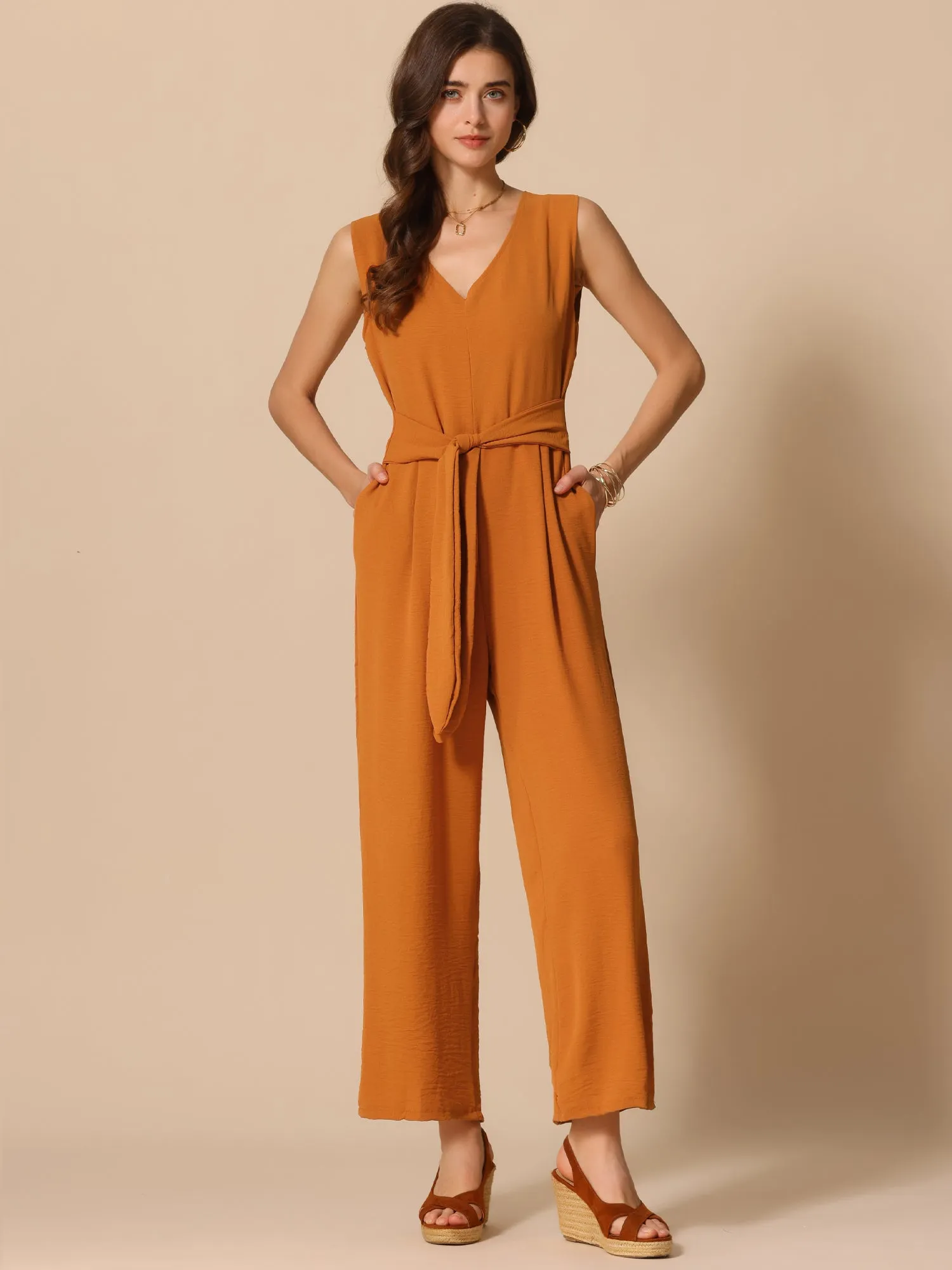 V Neck Sleeveless Lace-Up Pocketed Wide Leg Jumpsuit sold by Allegra K