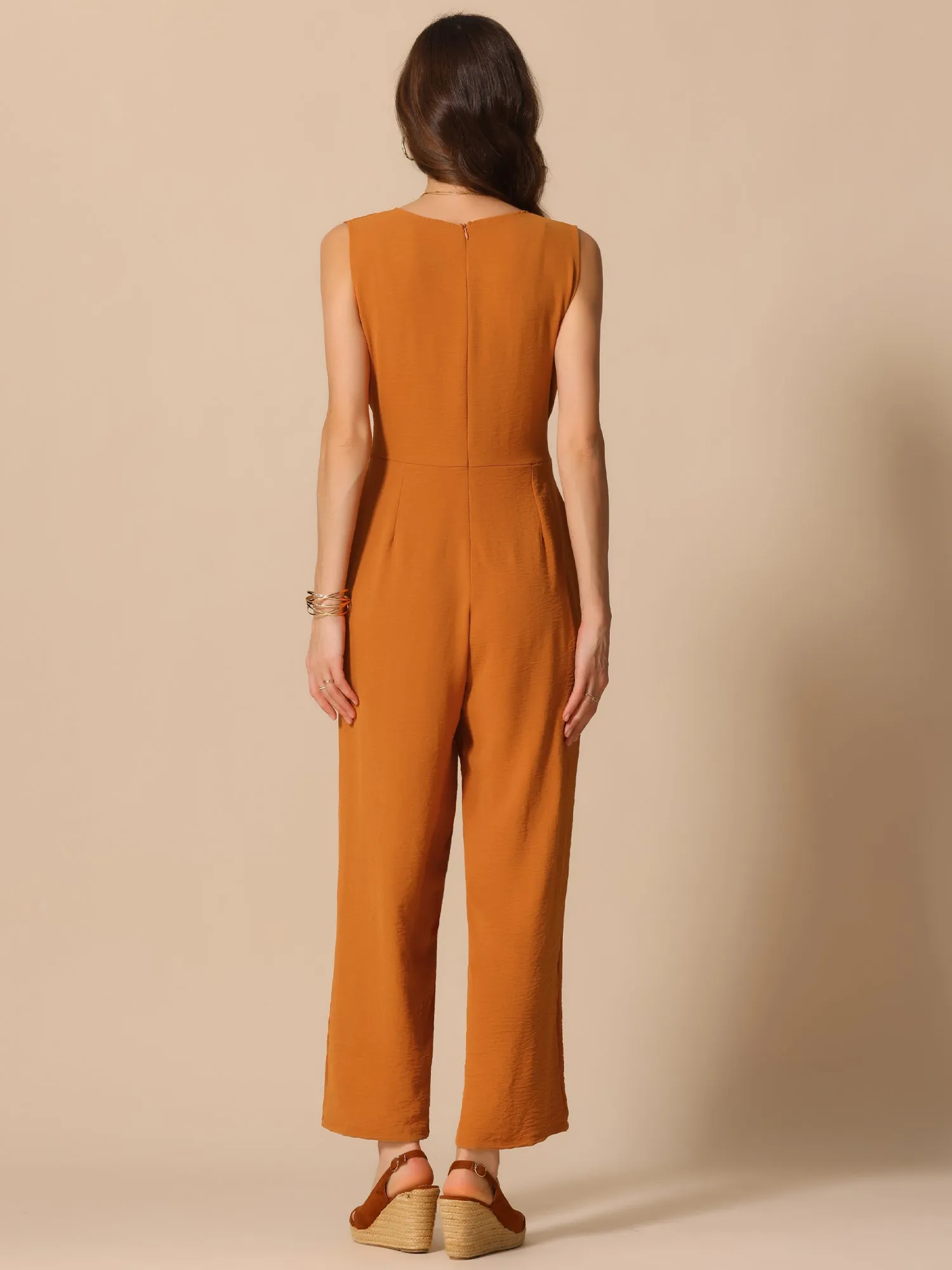 V Neck Sleeveless Lace-Up Pocketed Wide Leg Jumpsuit sold by Allegra K product image thumbnail 3