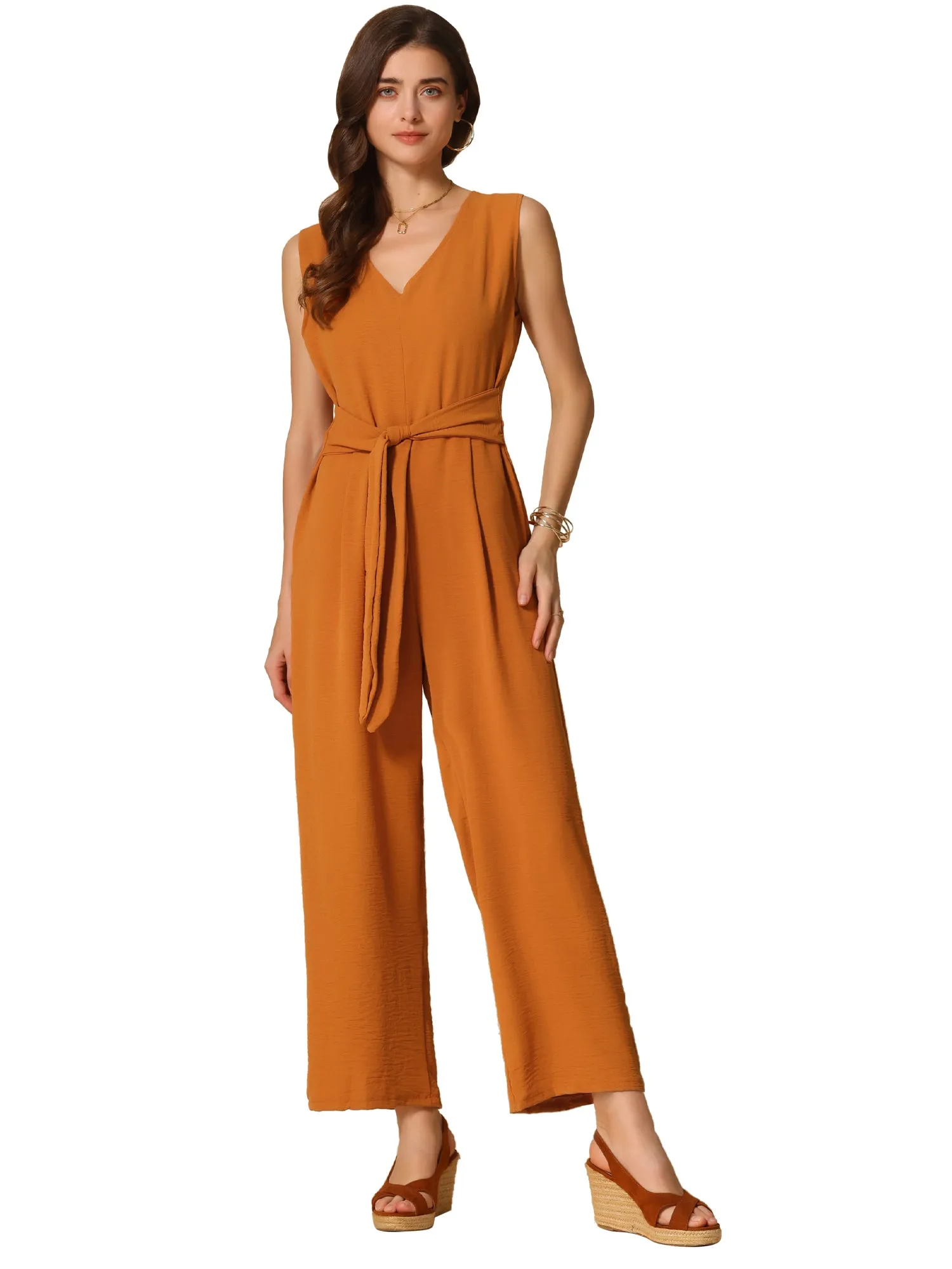 V Neck Sleeveless Lace-Up Pocketed Wide Leg Jumpsuit sold by Allegra K product image thumbnail 5