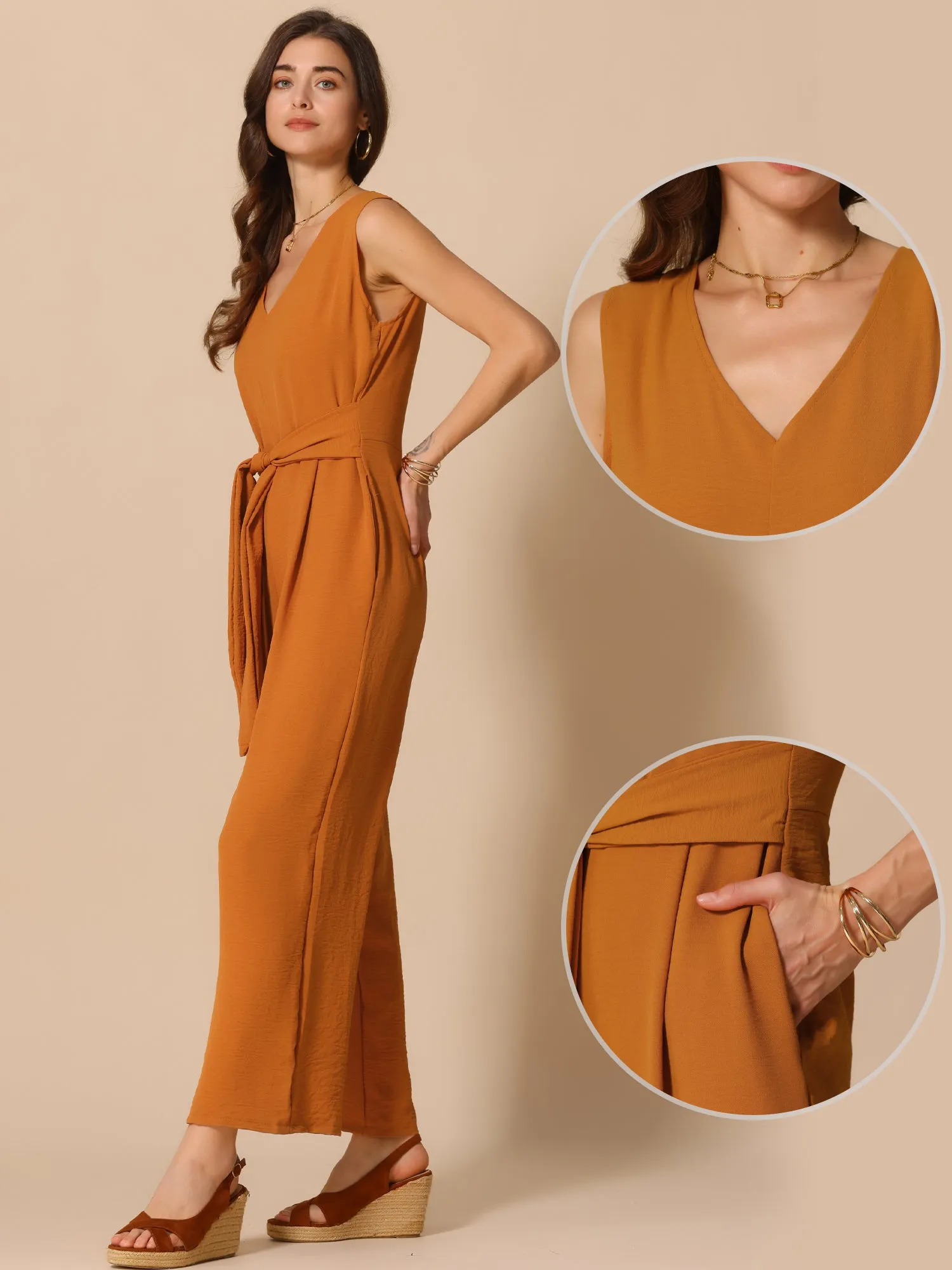 V Neck Sleeveless Lace-Up Pocketed Wide Leg Jumpsuit sold by Allegra K product image thumbnail 2