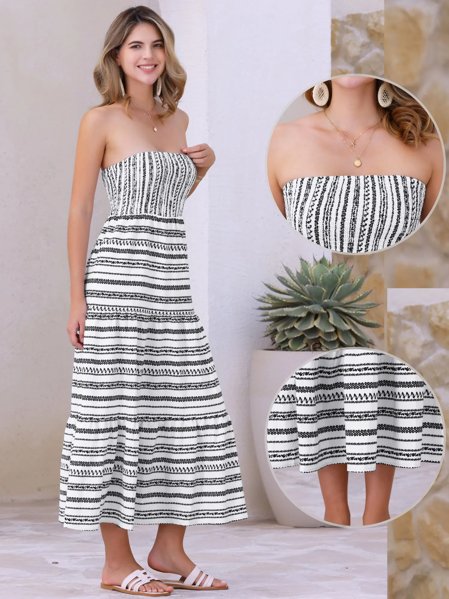 Strapless Smocked Floral Boho Maxi Dress sold by Allegra K product image thumbnail 3