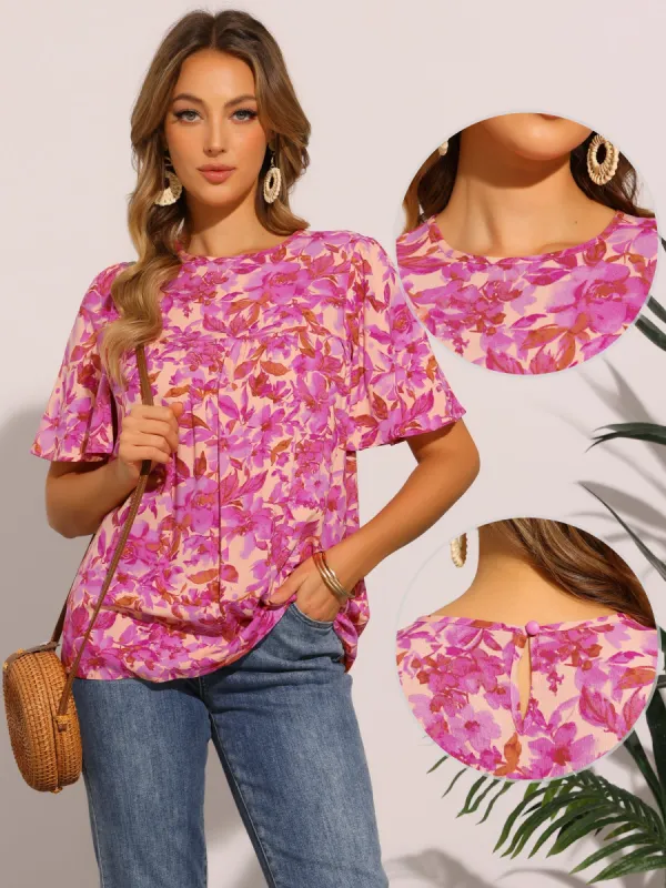 Floral Ruffle Short Sleeve Causal Summer Blouse sold by Allegra K