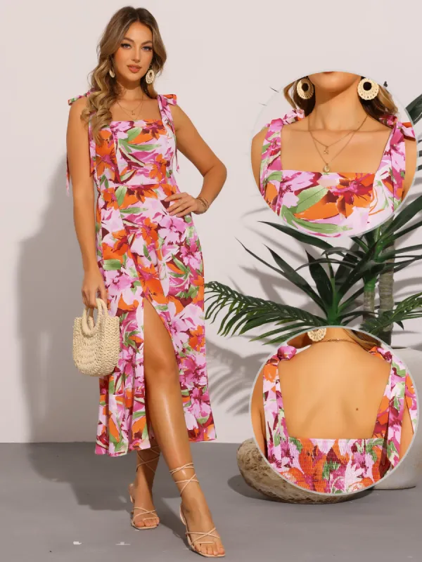Floral Midi Side Slit Tie Straps Sleeveless Dress sold by Allegra K