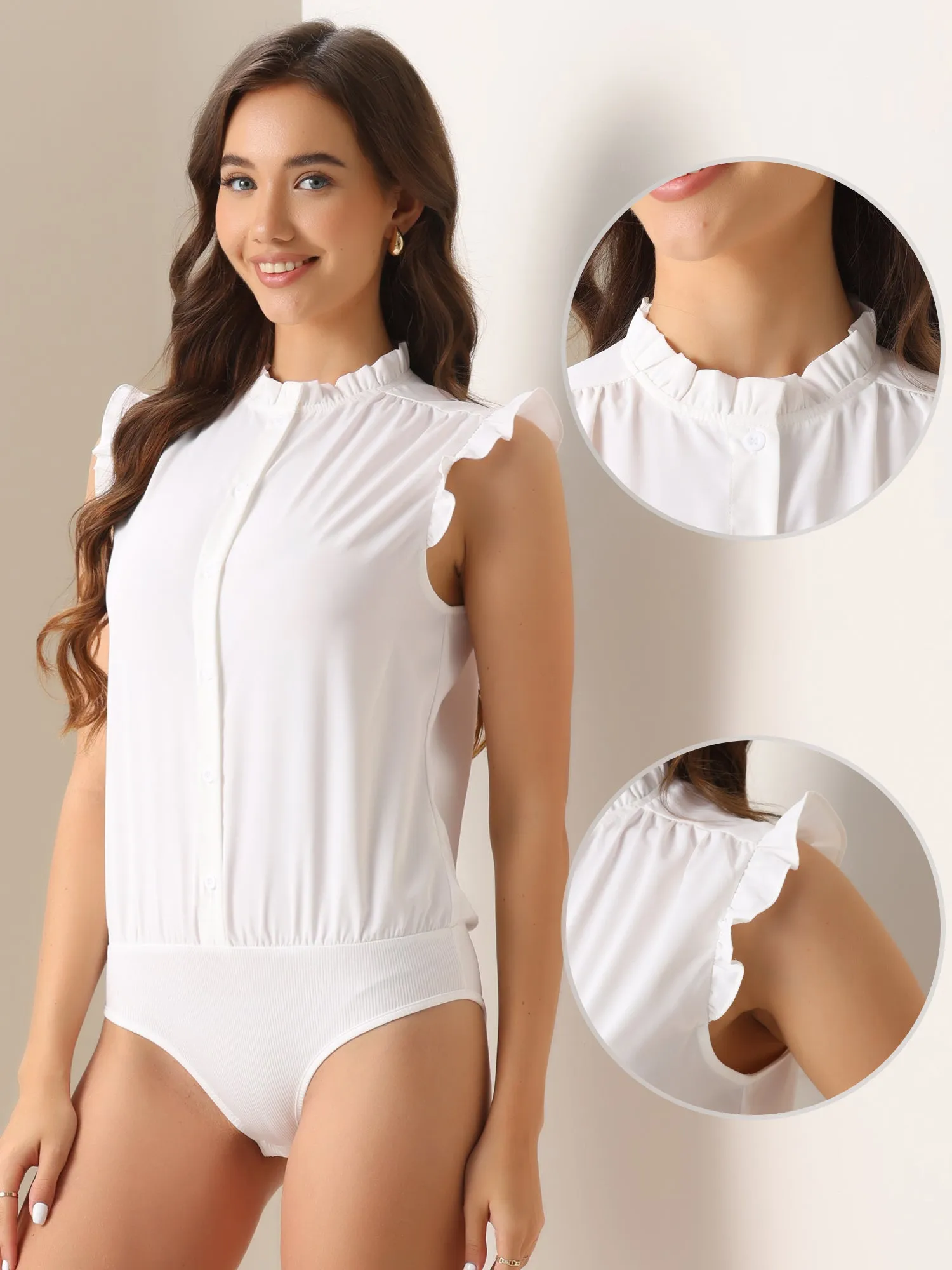 Ruffles Mock Neck Cap Sleeve Button Down Bodysuit sold by Allegra K