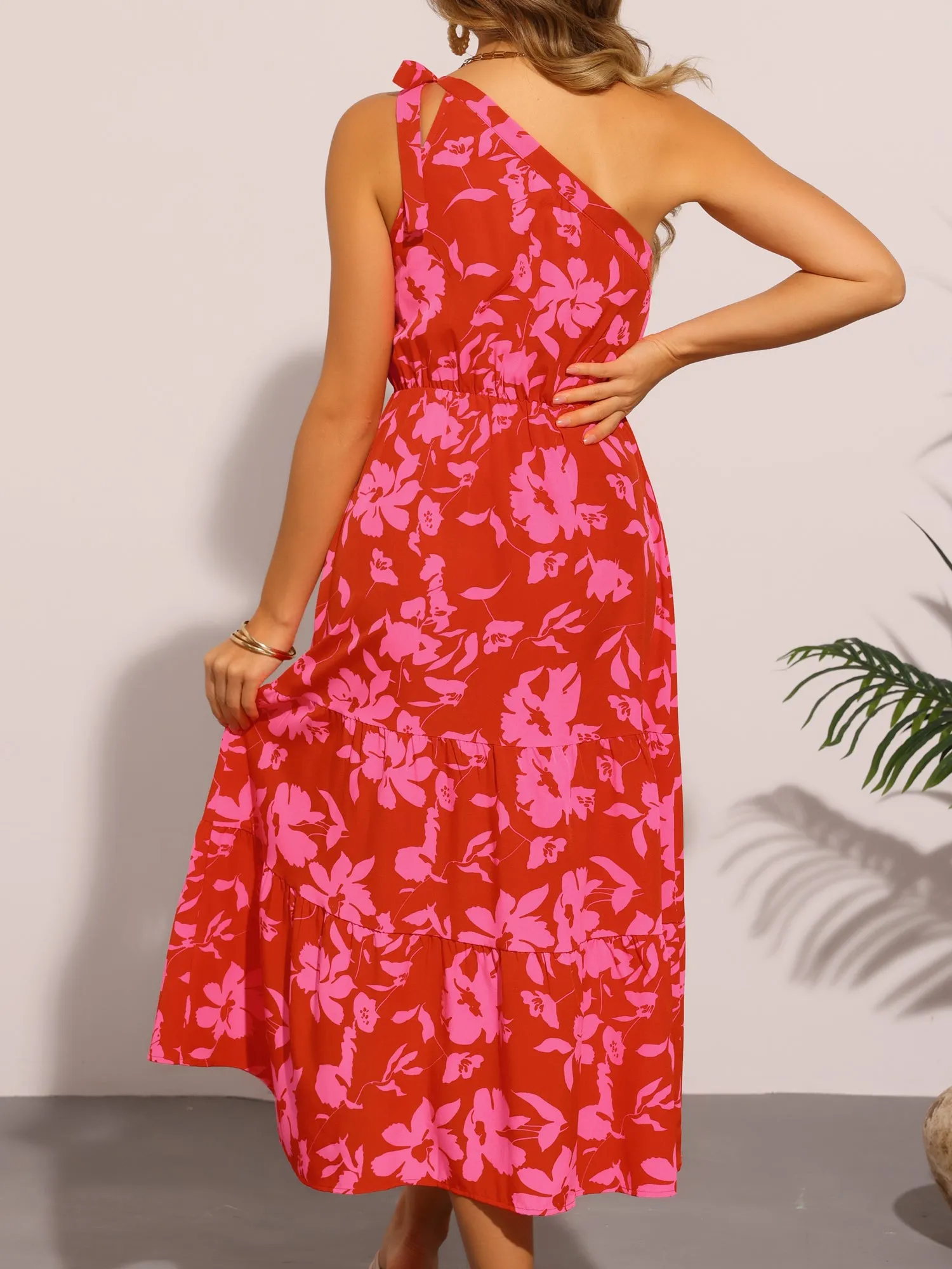 Floral Midi One Shoulder Sleeveless Tiered Dress Sundress sold by Allegra K product image thumbnail 2