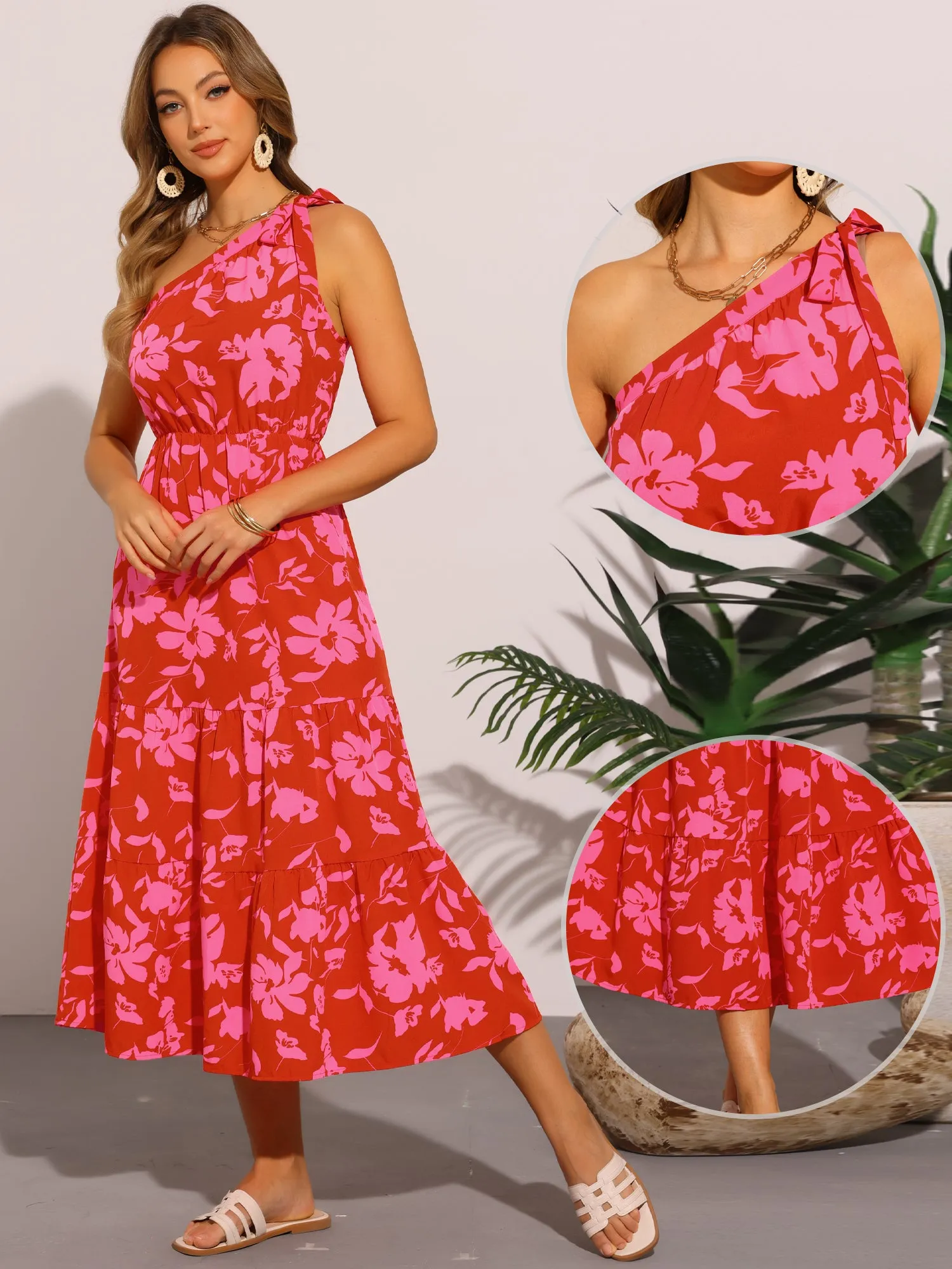 Floral Midi One Shoulder Sleeveless Tiered Dress Sundress sold by Allegra K