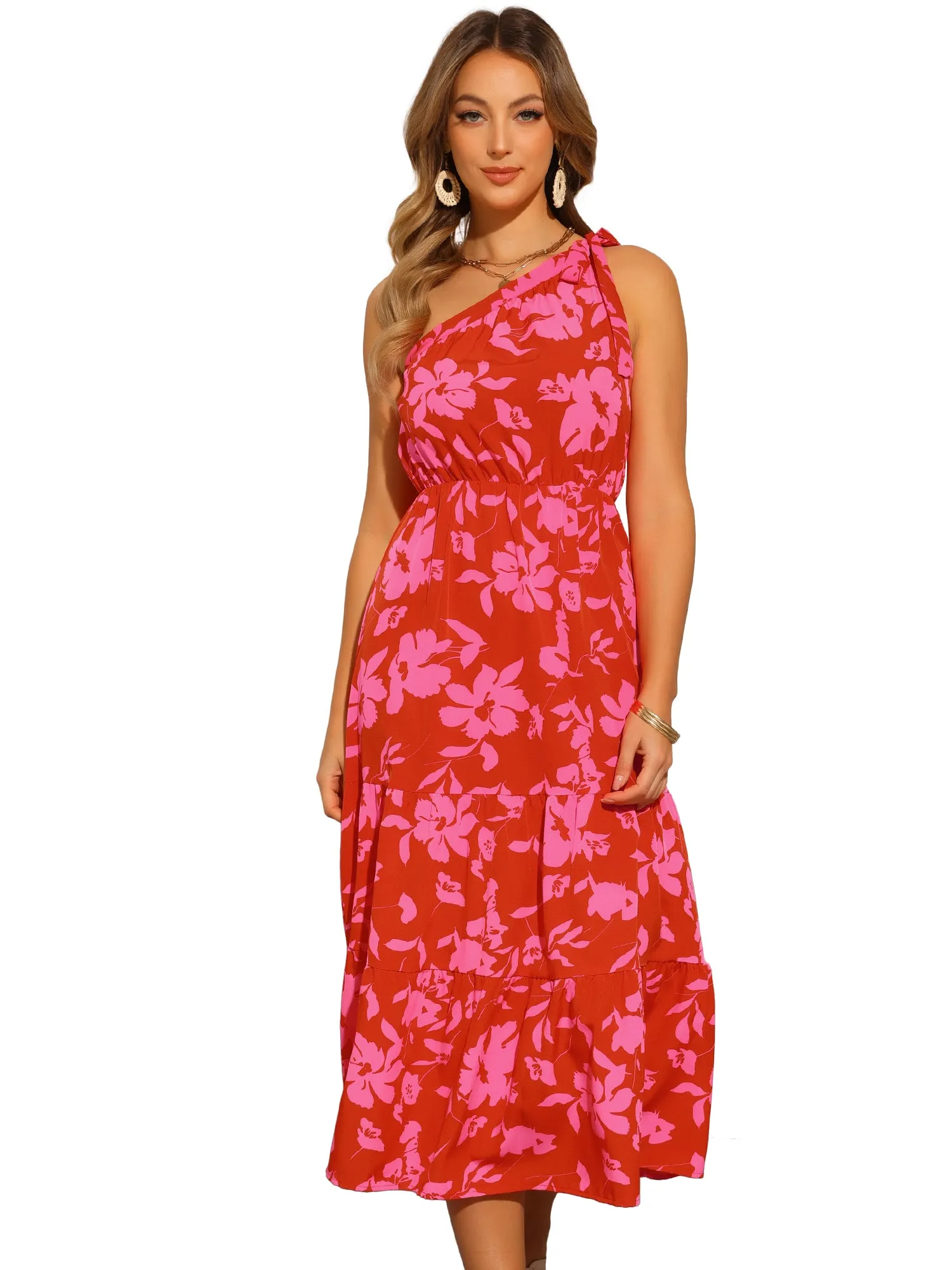 Floral Midi One Shoulder Sleeveless Tiered Dress Sundress sold by Allegra K product image thumbnail 5