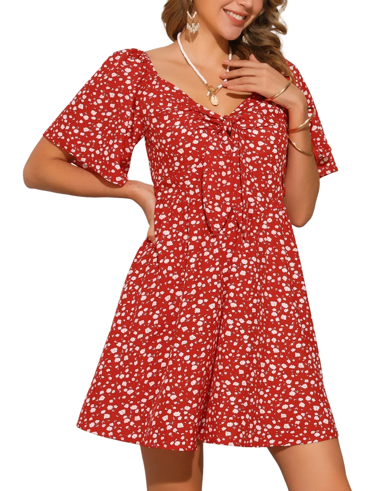 Short Sleeve Floral Bow Tie Mini Dress Sundress sold by Allegra K product image thumbnail 5