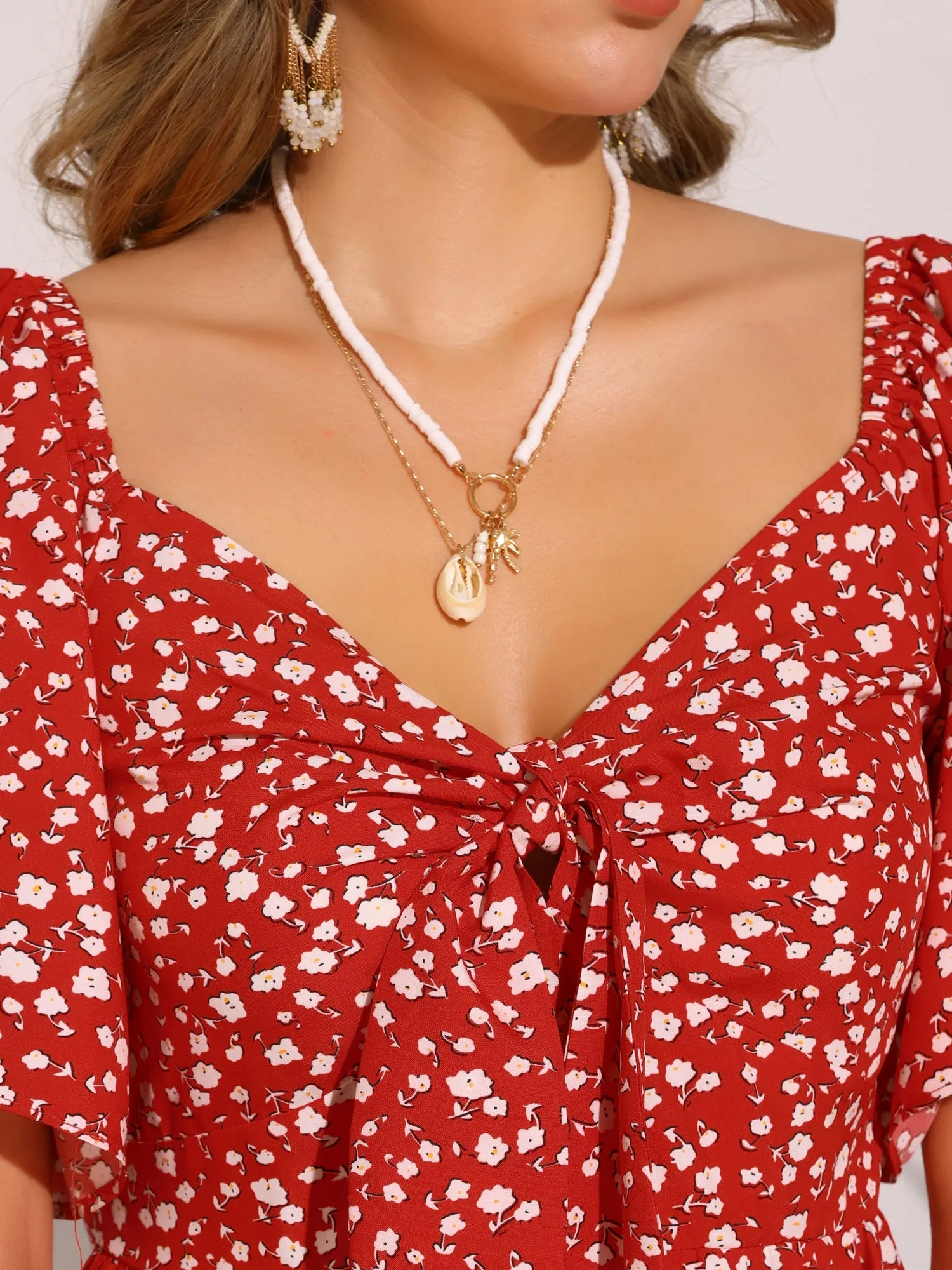 Short Sleeve Floral Bow Tie Mini Dress Sundress sold by Allegra K product image thumbnail 4