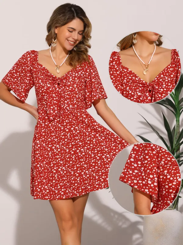 Short Sleeve Floral Bow Tie Mini Dress Sundress sold by Allegra K