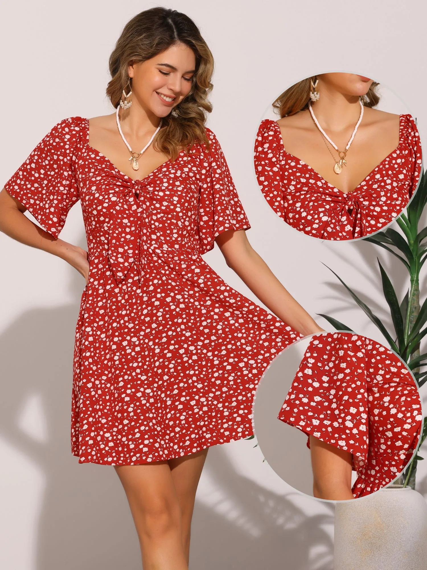 Short Sleeve Floral Bow Tie Mini Dress Sundress sold by Allegra K