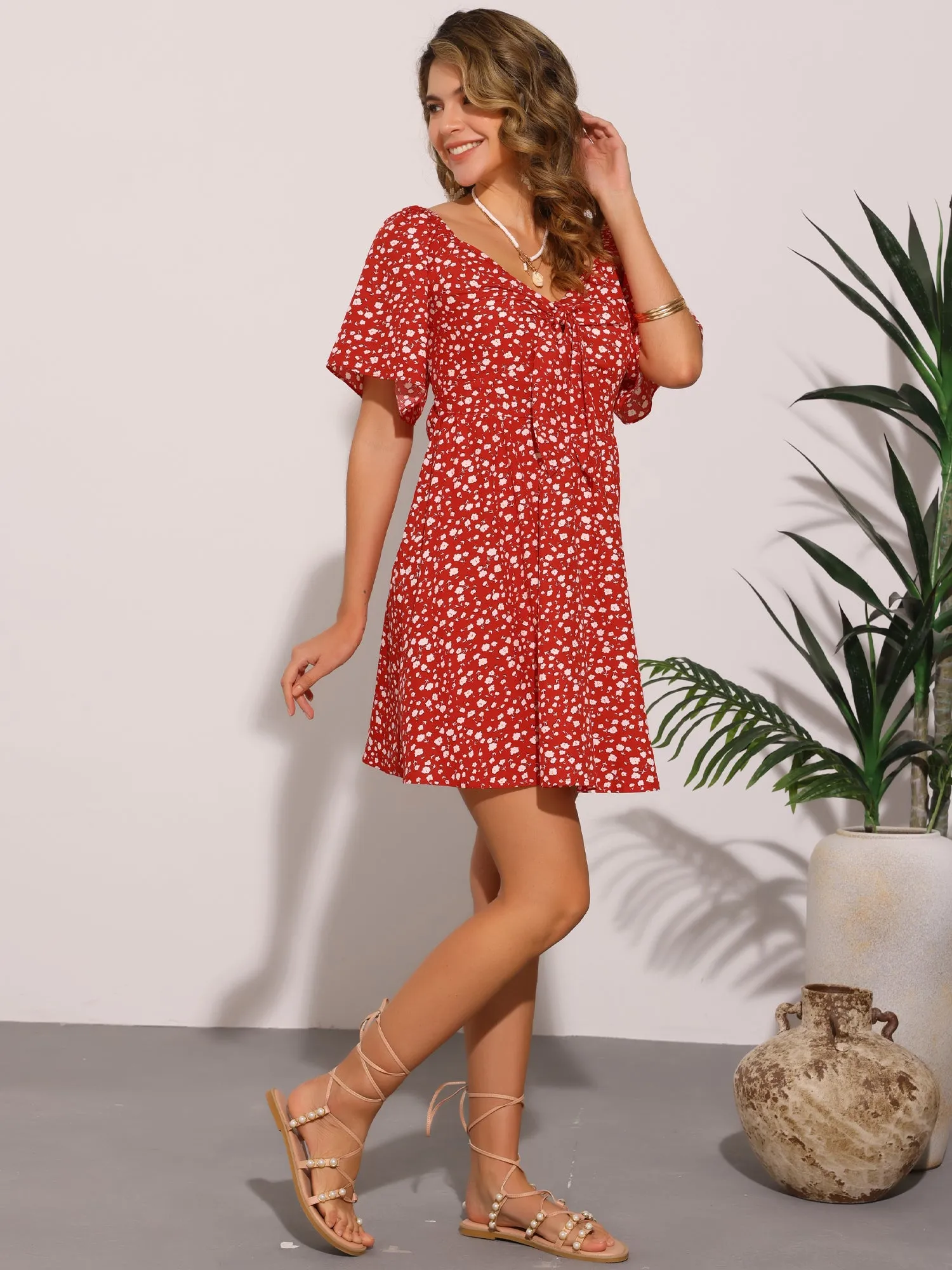 Short Sleeve Floral Bow Tie Mini Dress Sundress sold by Allegra K product image thumbnail 3